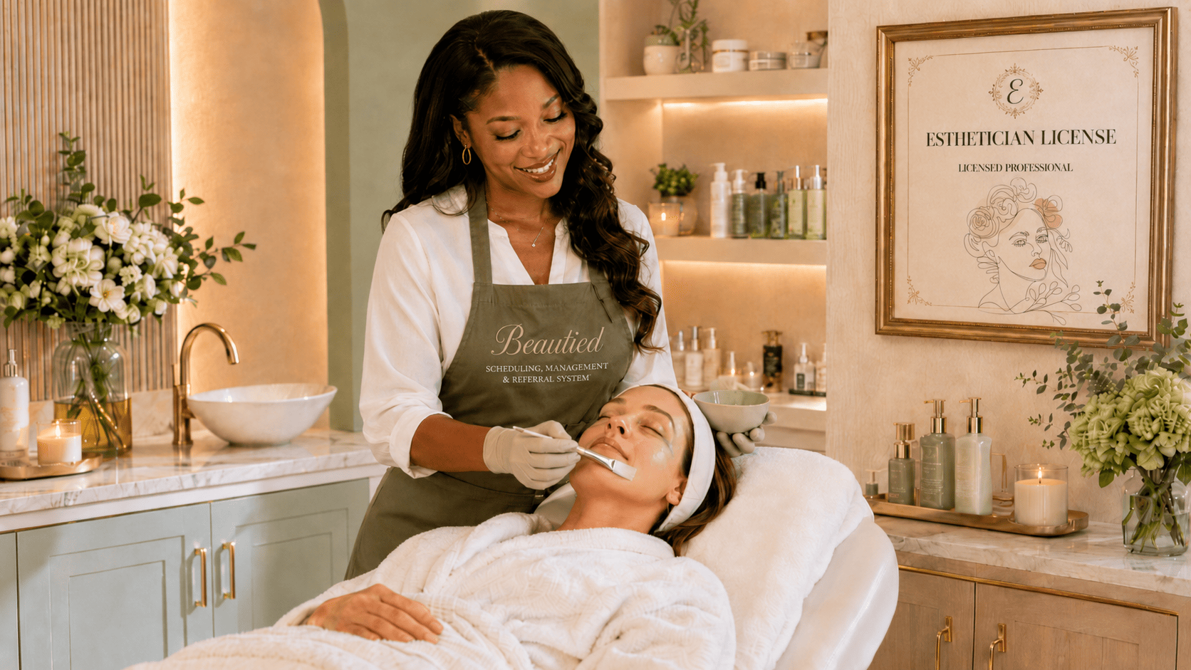 Beautied — a licensed esthetician giving a facial in an elegant sage-and-gold spa room.