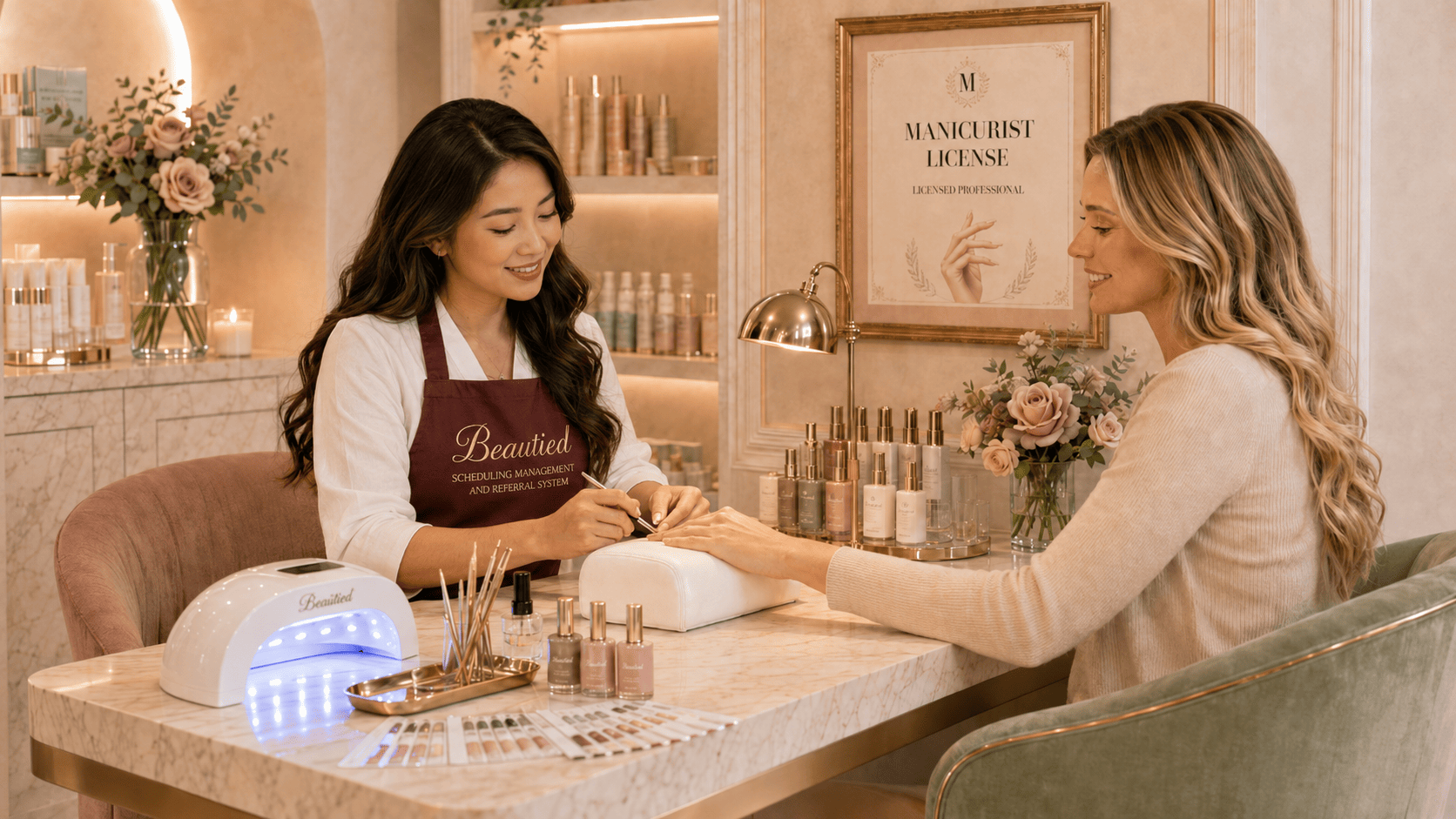 Beautied — a licensed manicurist giving a manicure in an elegant rose-and-gold salon.